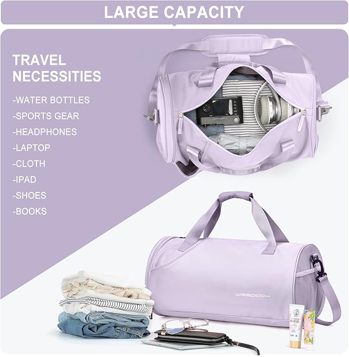 Gym Bag for Women & Men with Wet & Shoe Compartment, Small Duffle Bag for Travel, Sport, Gym, Workout, Overnight, Weekender, Carry-On - Purple