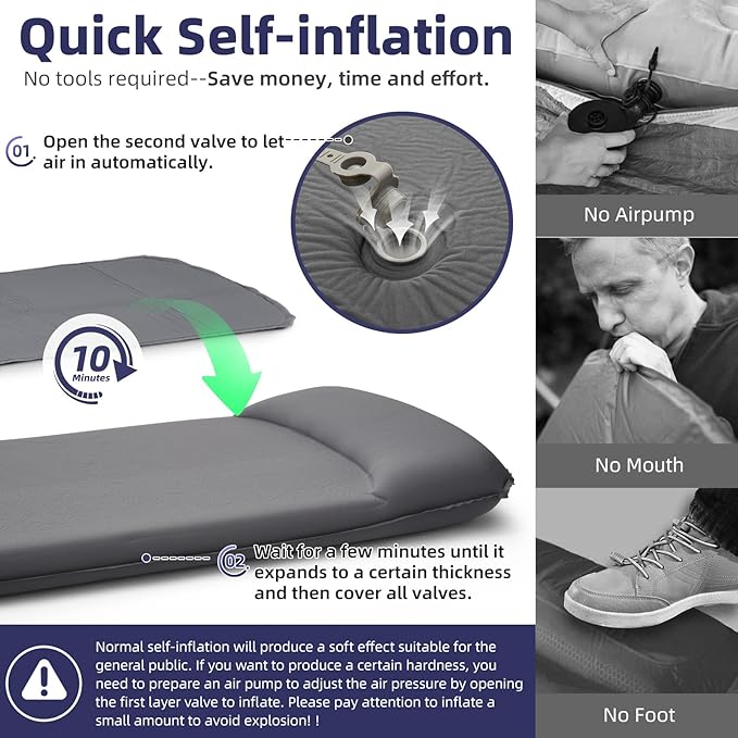 INVOKER Camping Sleeping Pad 2.75” Memory Foam Fast Self Inflating Insulated Durable Camping Mat Air Mattress with Pillow,for Tent, Traveling, Car, Camping, Grey