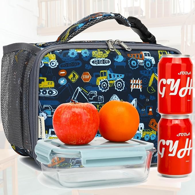 Insulated Lunch Box for School, Thermal Reusable Durable Freezable Lunch Bags for Kids Boys Girls Men Women - Small Soft Cooler Portable Lunch Tote Kit for Work Picnic Travel,Excavator
