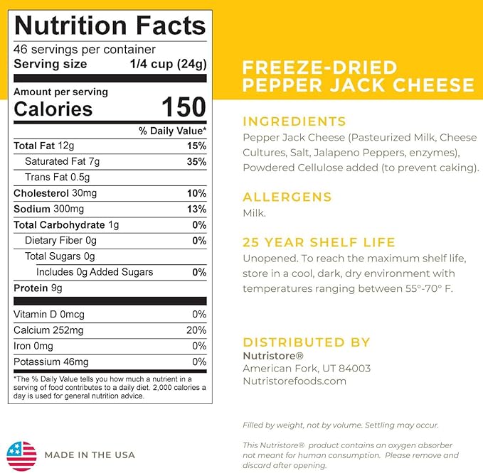 Nutristore Freeze-Dried Pepper Jack Cheese Shredded | Amazing Taste & Quality | Perfect for Snacking & Backpacking, Camping Meals | Emergency Survival Food Storage | 25 Year Shelf-Life