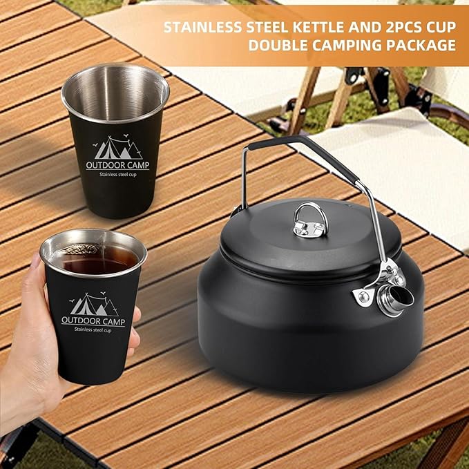 3PCS Camping Kettle Outdoor Campfire Camp Kettle Set with 2 Cups, 1L Stainless Steel camping tea kettle Coffee Pot, Portable Lightweight Teapot, Ideal for Hiking Picnic Travel, Black