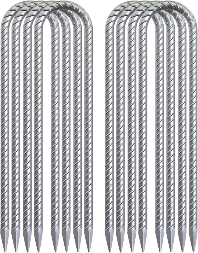 Trampoline Wind Stakes 16 Inch, 3/8" Diameter Heavy Duty U Shaped Rebar Tent Fence Stakes for Ground, Galvanized Trampoline Tie Down Anchor Kit 8 Pack