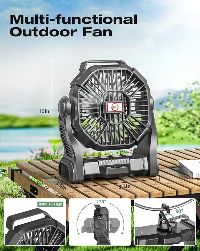 Portable Camping Fan, Rechargeable Battery Operated with LED Lights, Hanging Hook, 270°Rotation, 20000mAh Battery Powered Fan for Beach, Office, Picnic, Fishing, Travel, Tent