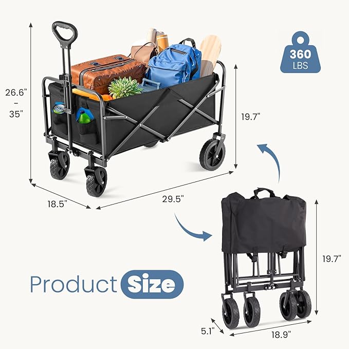 DUMOS Foldable Wagons Carts with All-Terrain Wheels, 120L & 360LBS Portable Garden Wagon Large Capacity Utility Cart with Drink Holders, Heavy Duty Collapsible for Sand, Beach, Gardening (Large Black)