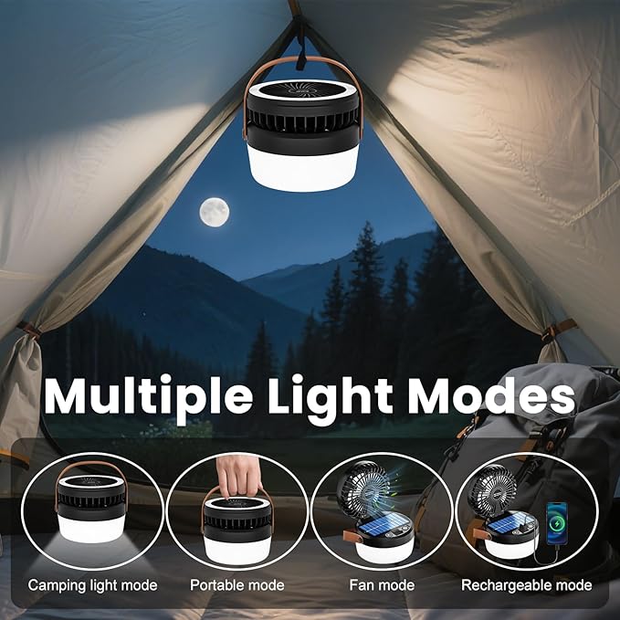 Solar Camping Fan Rechargeable Camping Light, Folding Solar Powered Fan for Outdoors, Portable utdoor Lights with USB Output for Camping Tent, Mountain, Emergency (Black)
