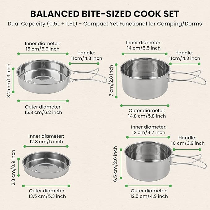 Camping Cookware Mess Kit Outdoor: GEEKHOM 14PCS Stainless Steel Camping Pots and Frying Pans, All-in-One Portable Camp Cookset Grilling Tools for Backpacking & Campfire (1-2 Person)