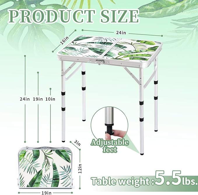 Folding Camping Table 2ft Portable Pinic Table Adjustable Height Small Card Table Aluminum Foldable Lightweight with Carry Handle for Outdoor Indoor Hiking Camp BBQ Beach (Monstera Palm Leaves)