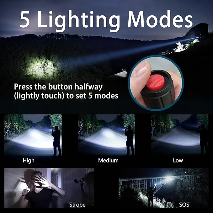 LED Flashlight, Bright 2500 Lumens Tactical Flashlight, 5 Modes Zoomable Beam, Waterproof & Durable for Camping, Outdoor, Home Emergency (2 Pack)