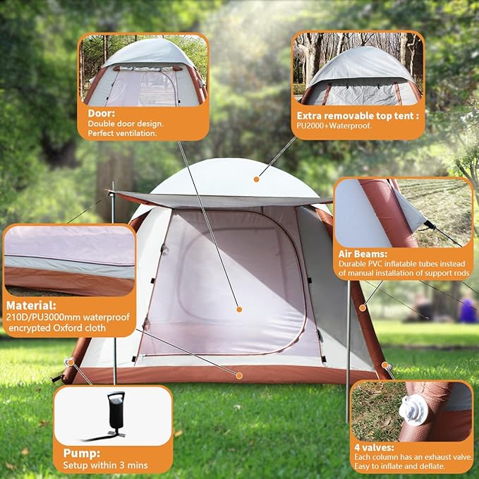 Upgrade Inflatable Camping Tent with Pump, Easy Setup 4 Season Glamping Tent, 2-4 Persons Waterproof Windproof Outdoor Self-Supporting Air Tent-7.8FT x 7.8FT x 5.6FT