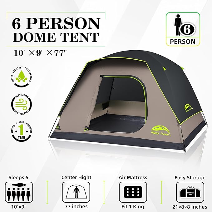 Happy Travel Camping Tent, 6 Person Dome Tents for Camping with Rainfly, Waterproof Clip Easy Setup Portable Family Tent with Mesh Windows, 20% More Headroom Backpacking Tents for Camping & Hiking