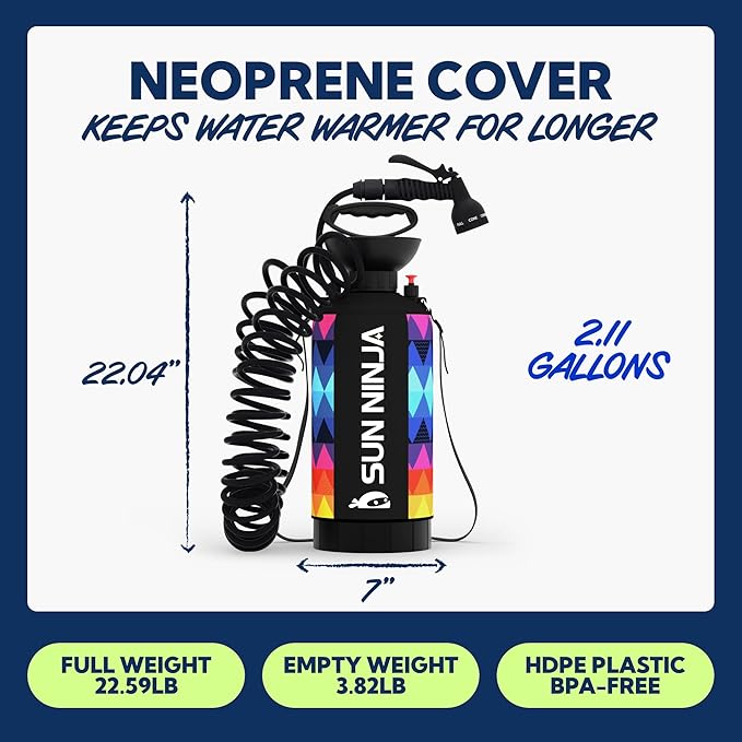 SUN NINJA Portable Shower, 2.1Gal Camping Shower with 7 Mode Shower Head, Neoprene Cover Helps Keep Water Warm, High Pressure Hose, Easy to Carry, Multi-Color