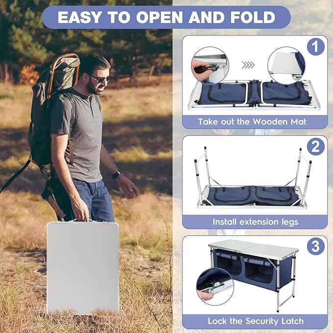 Outdoor Folding Camping Table with Storage Organizer, Portable Aluminum Composite Panel Lightweight Table, 3 Adjustable Height, for Indoor, BBQ, Party, Picnic, Hiking, Blue