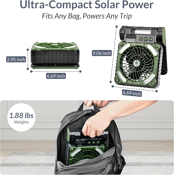 Indwell Portable Solar Camping Fan with LED Lantern - Rechargeable Battery Powered 5200mAh, Power Bank Function 4-Speed Cooling Dual Solar USB-C Charging Foldable for Outdoor Camping, Tent & Travel