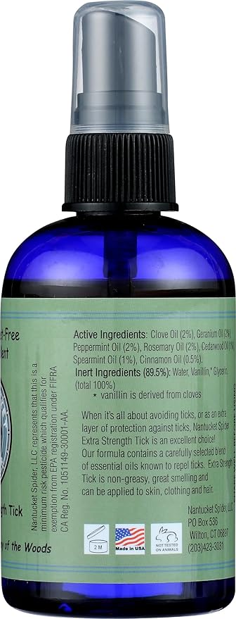 Nantucket Spider Extra Strength Tick Repellent Spray 4 oz | Made in USA | Essential Oils Tick Repellent