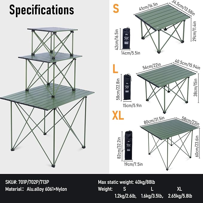 iClimb Ultralight Compact Camping Folding Table with Carry Bag (Reinforced Green - L)