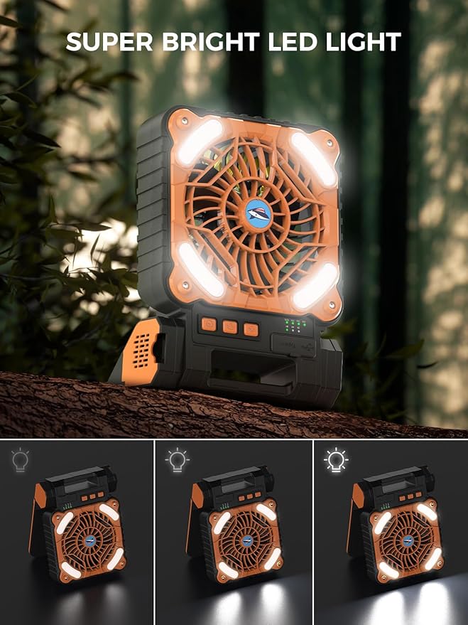 Smiling Shark Camping Fan With LED Lantern, 4 Speeds Powerful Wind Portable 6000 mAh Solar Rechargeable 90ยฐ Foldable Camp Fan With Power Bank & 3 Timer Cordless Tent Fan For Camping Fishing Hiking