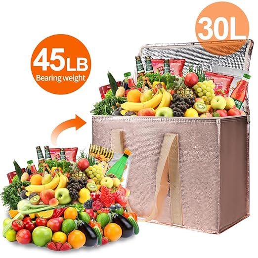 Bodaon 2-Pack Insulated Reusable Grocery Shopping Bag with Zippered Top, X-Large Frozen Foods Cold, Cooler Shopping Accessories, Insullated Bags, Insulated Food/Pizza Delivery Bag, Gold