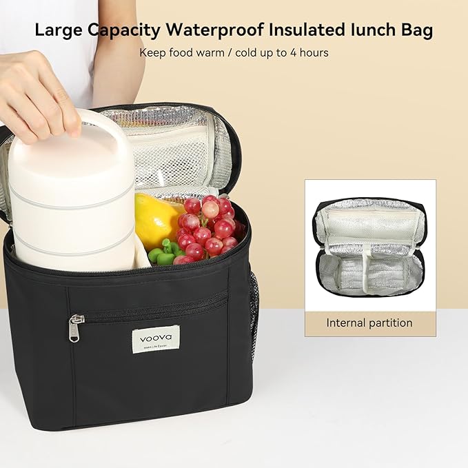 Voova Stackable Stainless Steel Thermal Lunch Box with Lunch Bag and Cultery Set for Adult Women Men, 3 Tier Leakproof All-in-One Insulated Bento Boxes Food Container for Work, Black