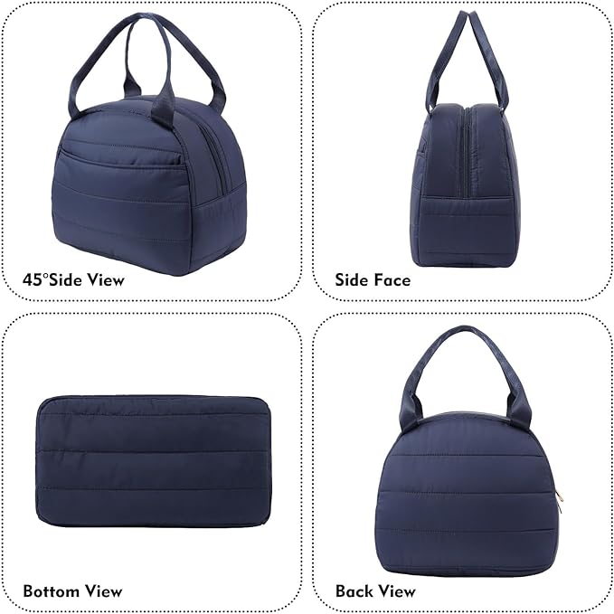 Lunch Bag Lunch Box for Women Men Adult Insulated Cute Small Quilted Puffer Lunchbox Reusable Thermal Lunch Cooler Tote Bag for Work, Picnic or Travel-Navy