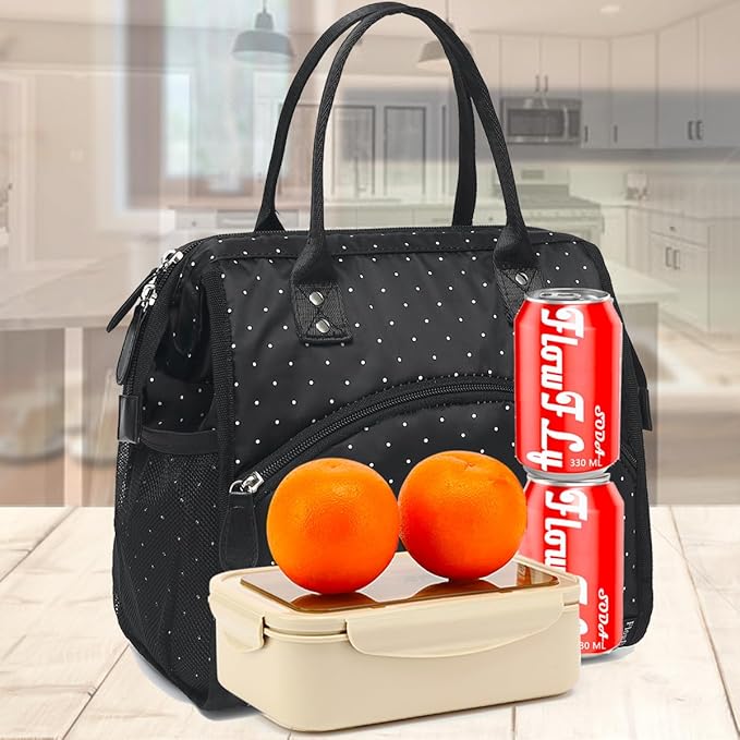FlowFly Insulated Lunch Bag for Women, Men, Large and Reusable, Handle, Work and Travel Tote and Meal Prep Organizer, Dot
