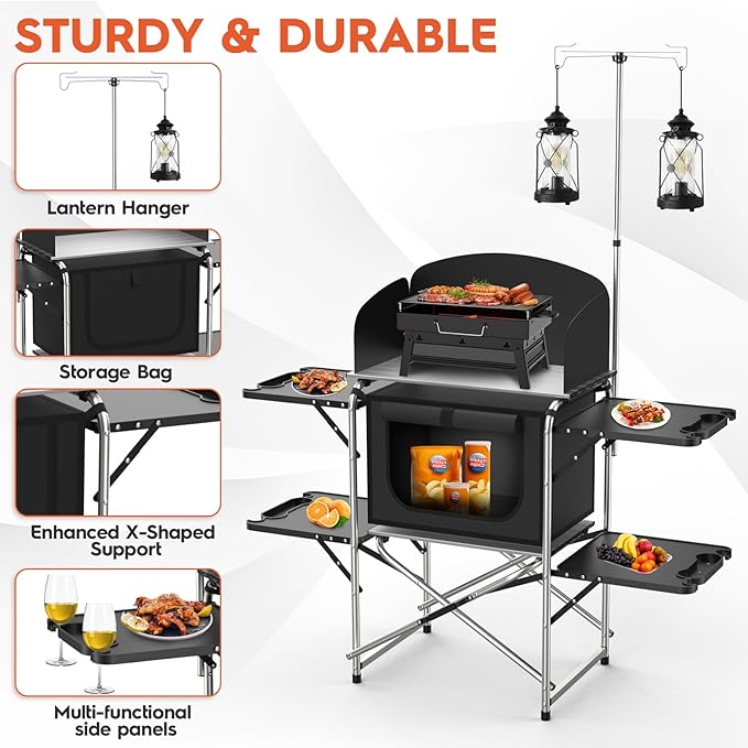 Camping Table, Aluminum Folding Camping Cook Station with Windshield, Upgrade Light Stand, Storage Bag, Quick Installation for Outdoor, Picnic, Cooking