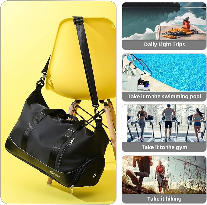 Skycase Gym Bags for Men - Duffle Bag Women - Gym Bag with Shoe Compartment for Fitness, Sports - Wet and Dry Bag, Waterproof Backpack for Swimming, Yoga, Travel (Black)