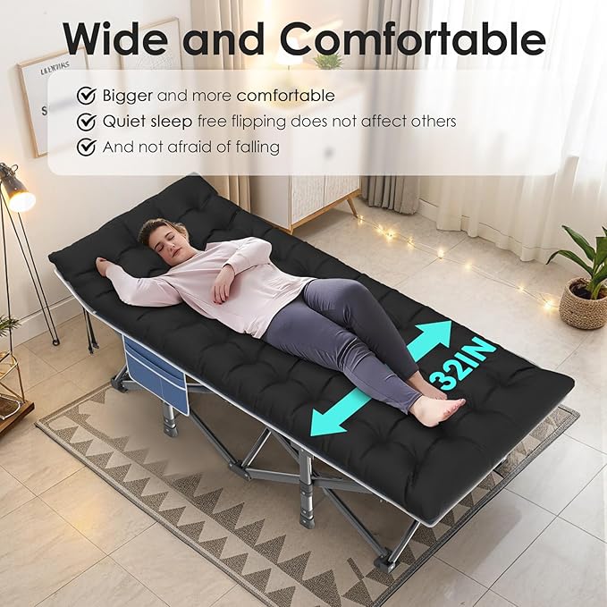 Suteck Camping Cot, 32In XXL Folding Camping Cot Heavy Duty Sleeping Bed for Adults 1200D Double Layer Oxford Cots for Camping W/Pilllow Mattress Carry Bag for Home Office Nap Beach Travel, 500LBS