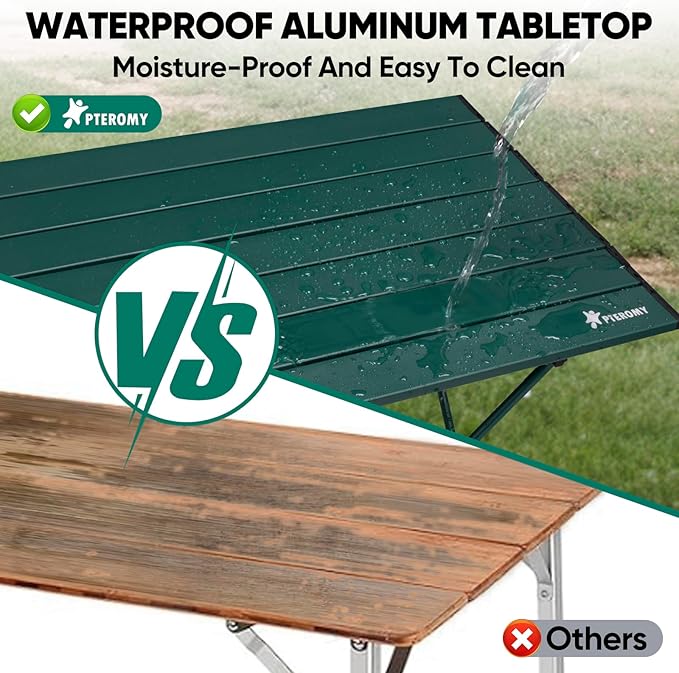 PTEROMY Folding Camping Table, Portable Beach Table with Ultralight Aluminum Tabletop for Travel, Outdoor, Camping, Picnics, and BBQs (Medium, Green)