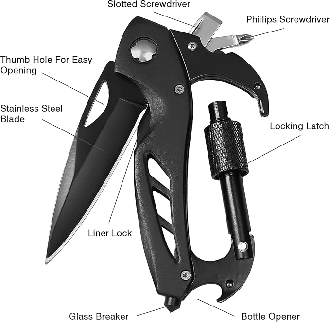Multitool Carabiner with Pocket Knife, Stocking Stuffers Gifts for Men, EDC Carabiners with Folding Knives, Bottle Opener, Window Breaker and Screwdriver, Survival Gear for Camping Hiking