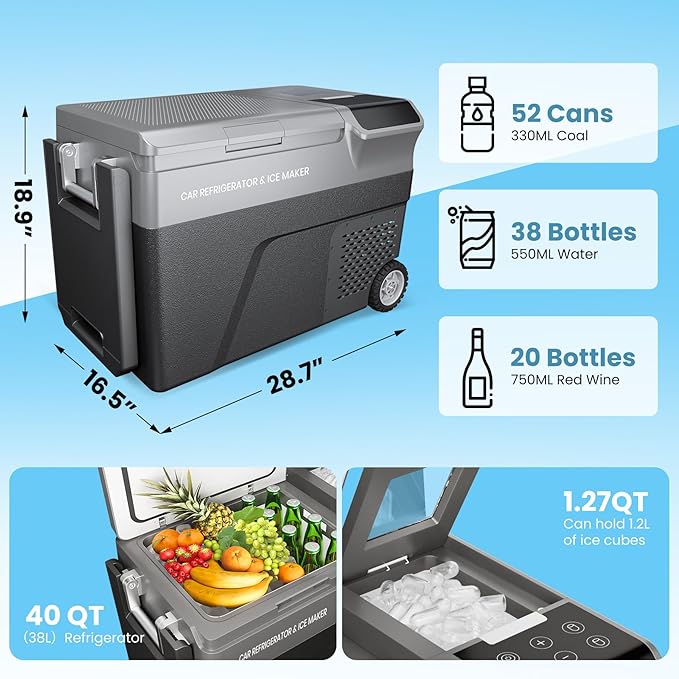 12 Volt Car Refrigerator with Ice Maker, 40QT Car Compressor Cooler with Wheels, APP Control Portable Refrigerator -4℉-68℉ with AC & DC Charger, Car Freezer for Travel, Home, Camping, Outdoor