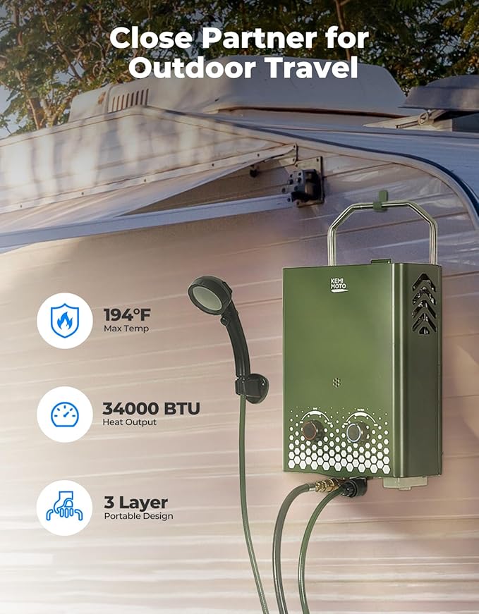 KEMIMOTO propane tankless water heater outdoor,1.32Gpm 34000 BTU Camping Portable Water Heater,Easy Installation, Lightweight for Taking,Suitable For Rv/Camping/Cabin
