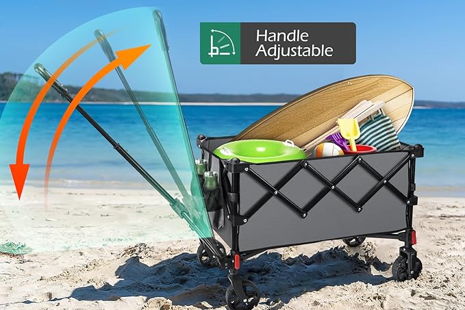Camping Wagons Carts Foldable, Leonyo 220lbs Beach Collapsible Wagon with Wheels, Heavy Duty Grocery Cart on Wheels for Pet, Shopping, Groceries, Garden, Outdoor Activities, Grey