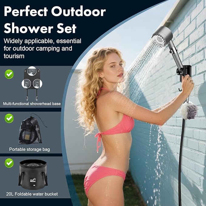 Portable Shower for Camping 6000mAh Rechargeable Shower Pump with Intelligent LED Display & 20L Foldable Bucket 4 Spray Modes Outdoor Shower Head IPX7 Waterproof for Hiking, Travel, Car, Pet, Beach