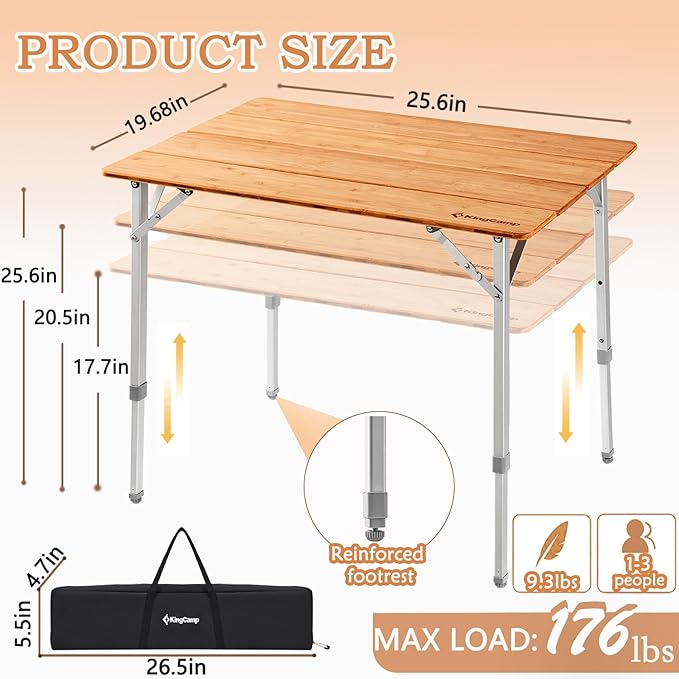 KingCamp Bamboo Folding Table Environmental Camping Table with Adjustable Height Aluminum Legs Heavy Duty 4-Folds Portable Camp Tables for Travel, Picnic, Party, Beach, 1-2 People
