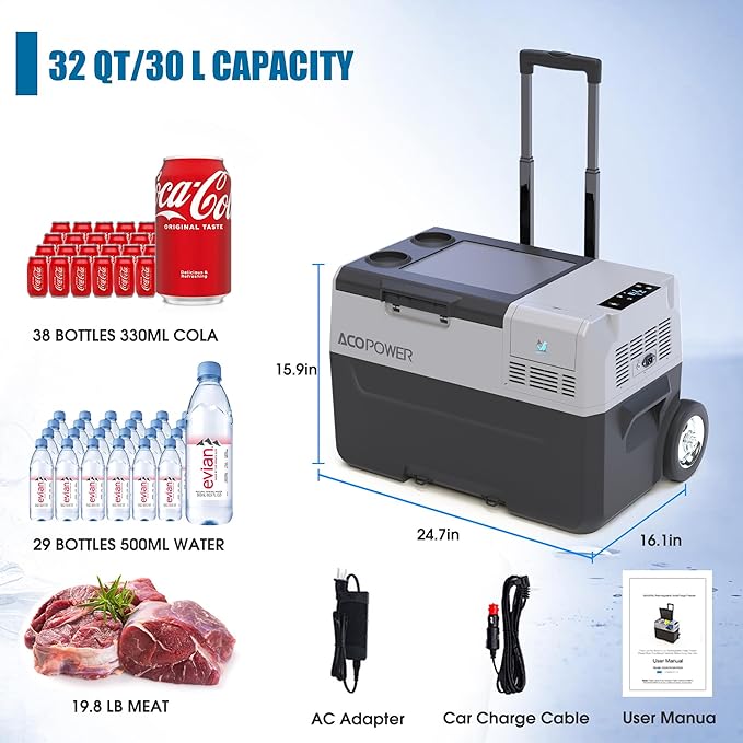 12 Volt Refrigerator, 32QT(30L) Electric Cooler, 12V Fridge APP Control, 12V Cooler -4℉~68℉, Portable Freezer 12/24V DC 110-240V AC for Camping RV SUV Truck Road Trips Boat Travel Home