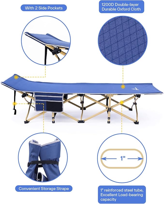 Sportneer Camping Cot: 1200D Double Layer Oxford Camping Cots for Adults - Heavy-Duty Foldable Cots for Camping Travel Tent Day Outdoor & Home Guest, Camping Cots with Mattress Carry Bag & 2 Pockets