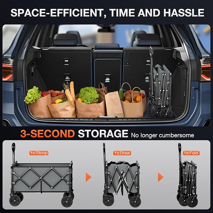 Foldable Wagon with Wheels, Portable Heavy Duty Collapsible Beach Cart - Large Capacity Utility Wagon for Shopping, Sports, Camping,Garden,Grocery - Grey