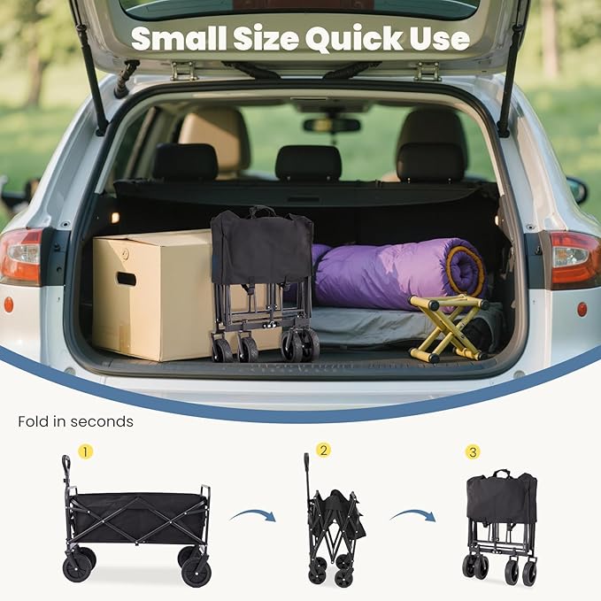 DUMOS Foldable Wagons Carts with All-Terrain Wheels, 120L & 360LBS Portable Garden Wagon Large Capacity Utility Cart with Drink Holders, Heavy Duty Collapsible for Sand, Beach, Gardening (Large Black)