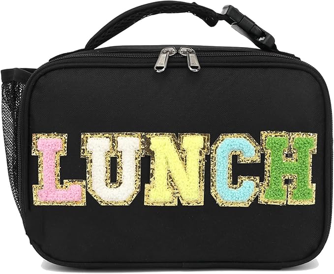 FlowFly Kids Lunch Bag, Durable Insulated School Lunch Box with Bottle Holder, Water-resistant Thermal Small Lunch Cooler Tote for Teen Boys & Girls,BlackWithLetter