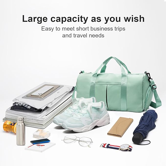 ZGWJ Sports Gym Bag with Wet Pocket & Shoes Compartment, Waterproof Shoulder Weekender for Women and Men Swim Travel Lightweight easy Carry on Green