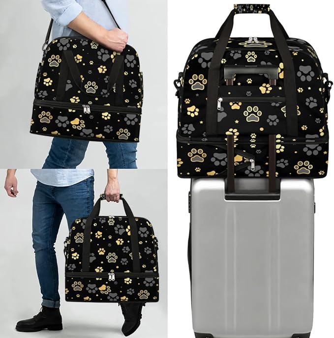 Dog Paw Print Foldable Travel Duffel Bag, Expandable Sports Gym Bag with Shoes Compartment Weekender Overnight Totes Bags for Women Men