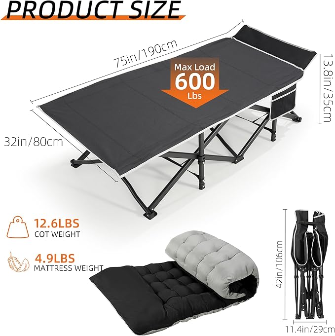 Portable Camping Cot, 32" Extra Wide Camping Cots for Adults with Thick Mattress, Heavy Duty Sleeping Cot Holds Up to 600LBS, Cots for Sleeping, Rv, Beach, Patio, Office Naps(Black)