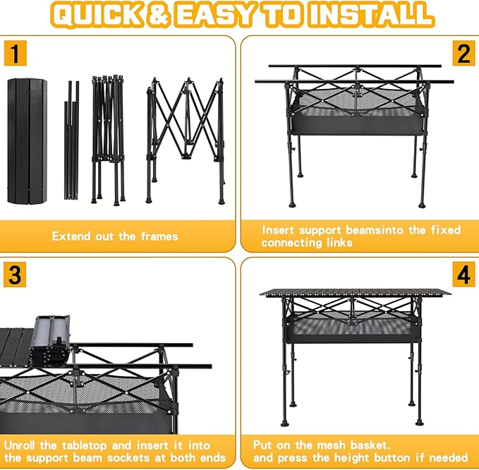 Height Adjustable Camping Table, Outdoor Folding Camping Table with Mesh Storage/Carrying Bag, Portable Aluminum Roll-up Table for Camping, Party, Backyard, BBQ