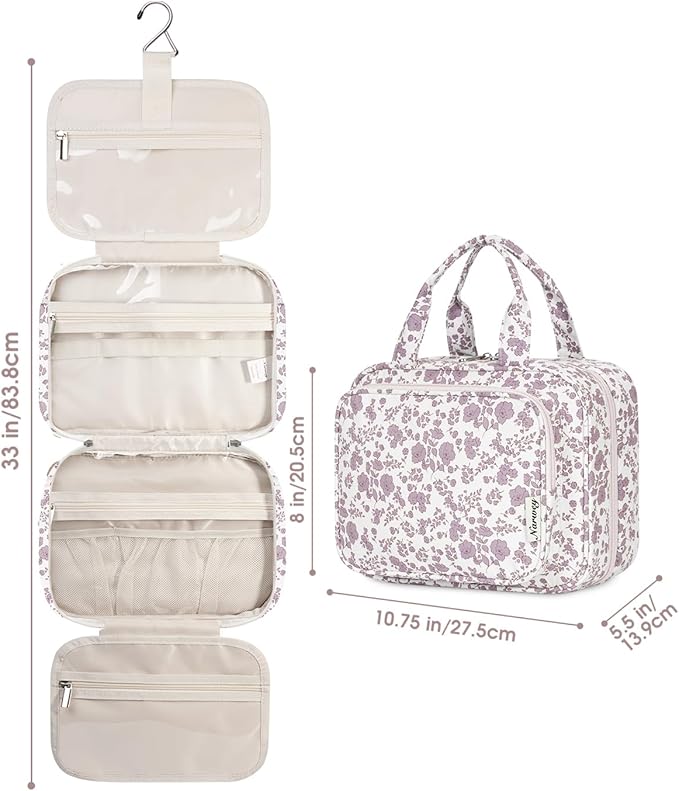 Narwey Hanging Floral Toiletry Bag for Women Travel Makeup Bag Organizer Toiletries Bag for Travel Size Essentials Accessories Cosmetics (Little Dusty Pink Flower (Medium))