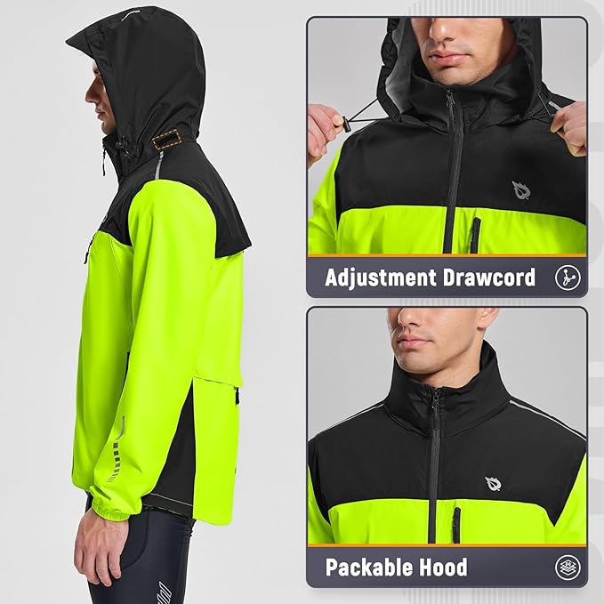 baleaf Men's Rain Jacket Waterproof Windbreaker Running Cycling Golf Hiking Gear Hood Lightweight Reflective Packable