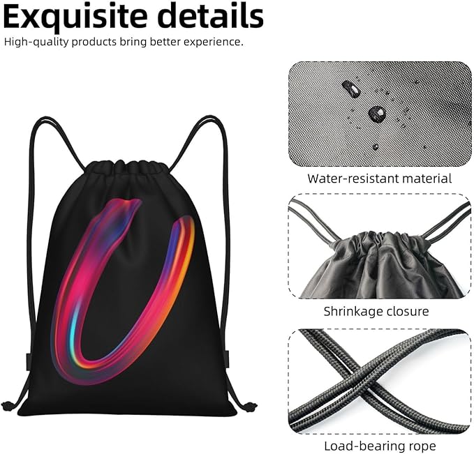 Drawstring Bags Initial Drawstring Backpack Sackpack Black Draw String Cinch Bags for Sports, Gym, Travel, Swimming, Beach, Camping, Rainbow Letter U