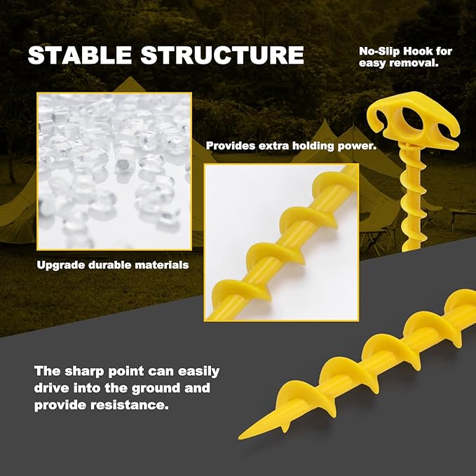 Tent Stakes Sand Stakes for Beach Tent 10 Pack Spiral Anchor Stakes 9.4 Inch Heavy Duty Screw Canopy Stakes for Camping, Hiking and More (10, Yellow)
