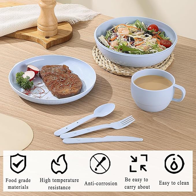 Evanda Camping Mess Kit with Bowl, Plate, Cup, Spoon, Fork, Knife and Carry Bag, Reusable Camping Accessories Essentials Gear Light Weight and Small Space Easy to Carry or Put in Backpack