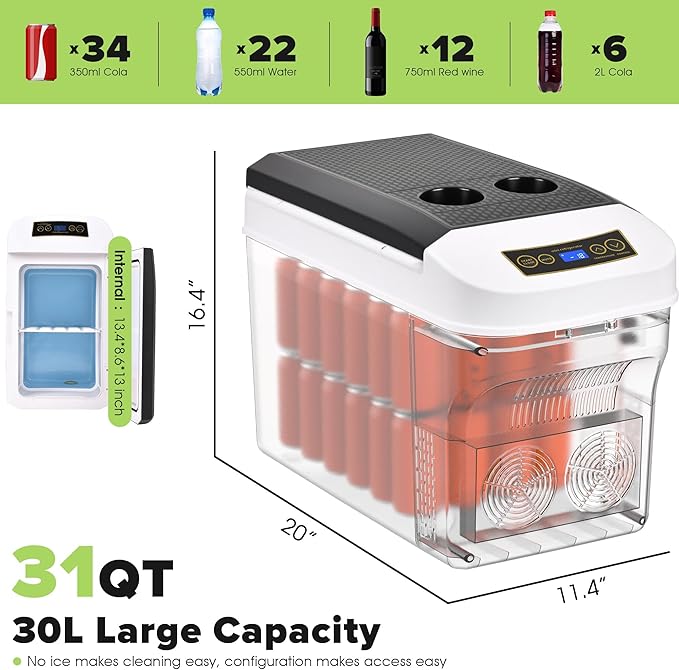 12 Volt Car Refrigerator 31Quart(30L) Electric Cooler/Warmer, Plug In Car Cooler with 110V AC Home Power Cord & 12V Car Adapter, Portable Refrigerator for Camping, Travel, RV