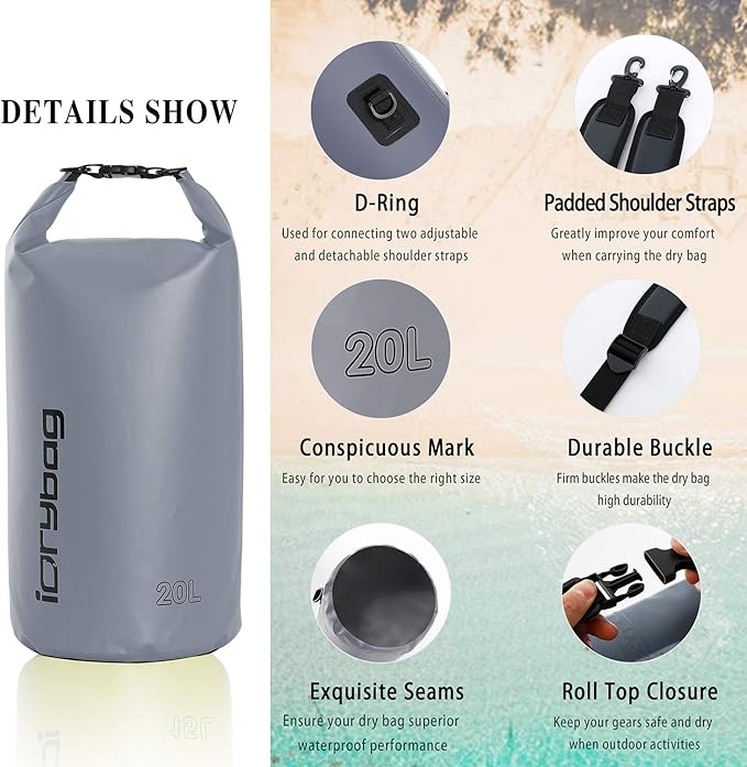 IDRYBAG Dry Bags for Kayaking Waterproof 2L/5L/10L/15L/20L, Small Dry Bag Waterproof Floating, Dry Sack Waterproof Bag for Paddleboarding Travel